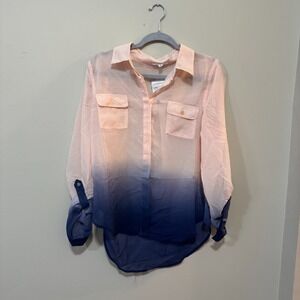 Edge Blouse Top Womens Large Pink Blue Ombre Button Roll Tab Sleeve High Low Hem